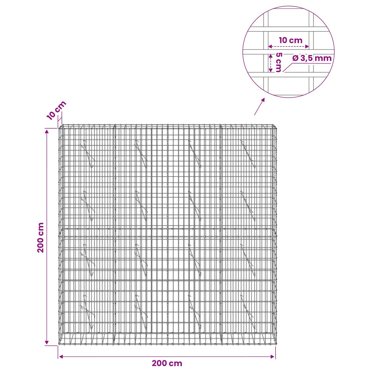 Gabionas su 3,5 mm viela ir 5x10 cm tinkleliu 200x10x200 cm