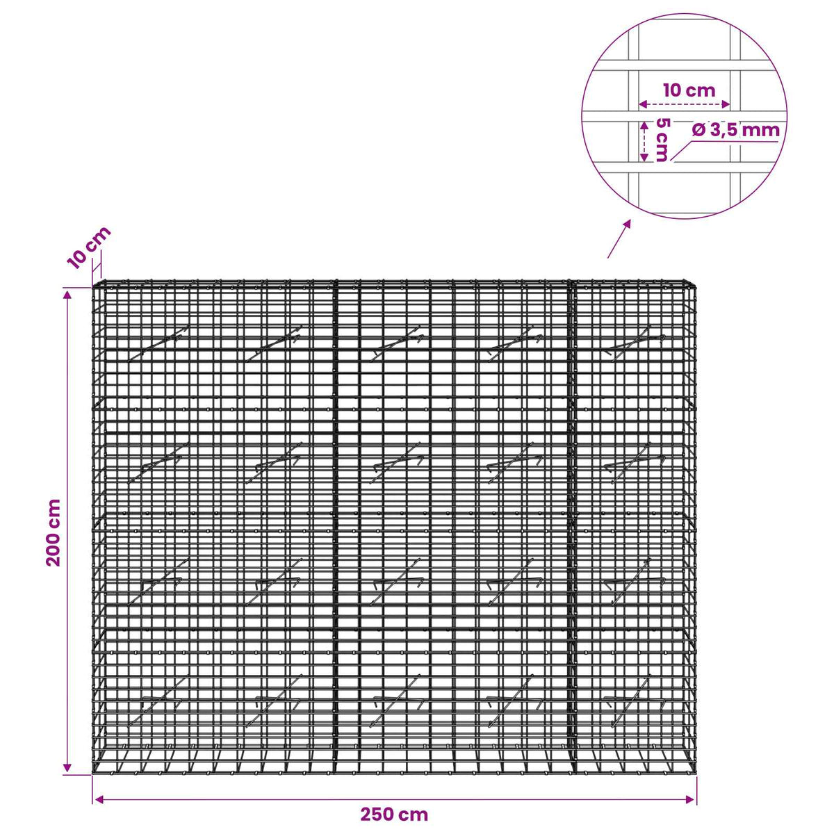 Gabionas su 3,5 mm viela ir 5x10 cm tinkleliu 250x10x200 cm