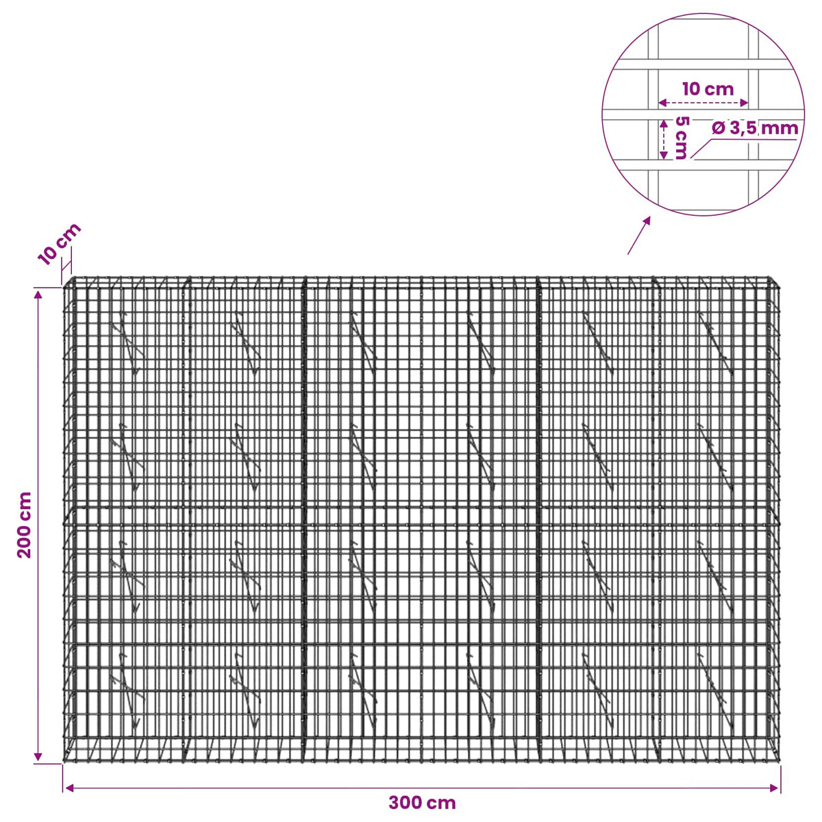 Gabionas su 3,5 mm viela ir 5x10 cm tinkleliu 300x10x200 cm