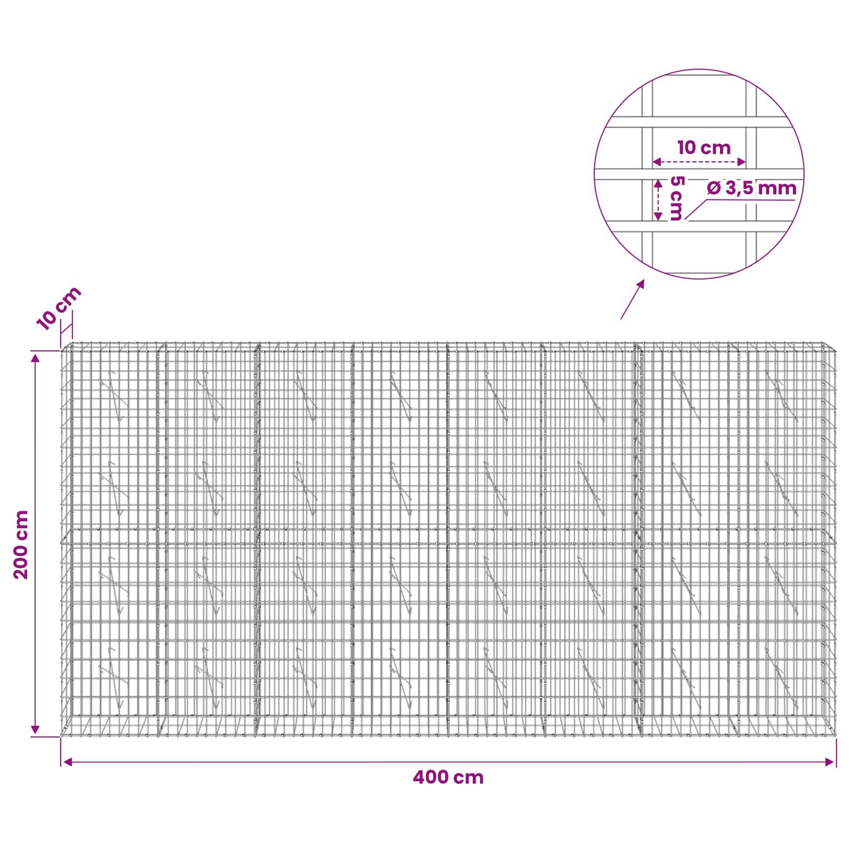 Gabionas su 3,5 mm viela ir 5x10 cm tinkleliu 400x10x200 cm