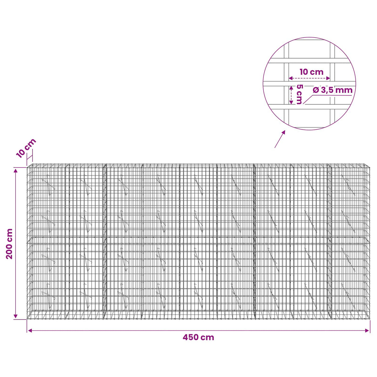 Gabionas su 3,5 mm viela ir 5x10 cm tinkleliu 450x10x200 cm