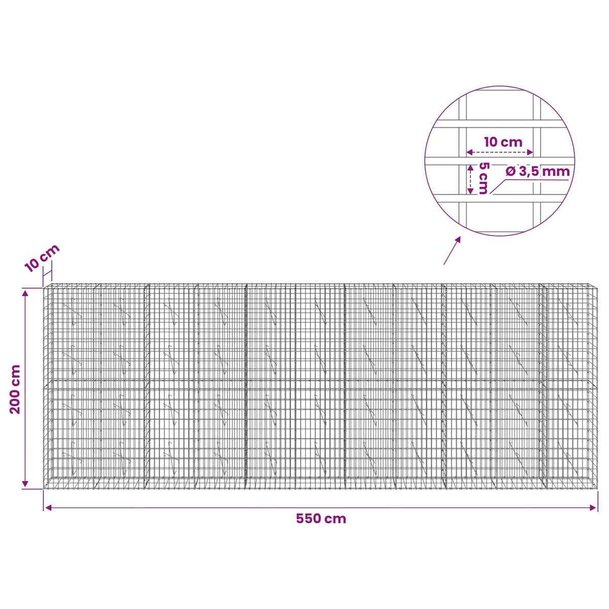 Gabionas su 3,5 mm viela ir 5x10 cm tinkleliu 550x10x200 cm