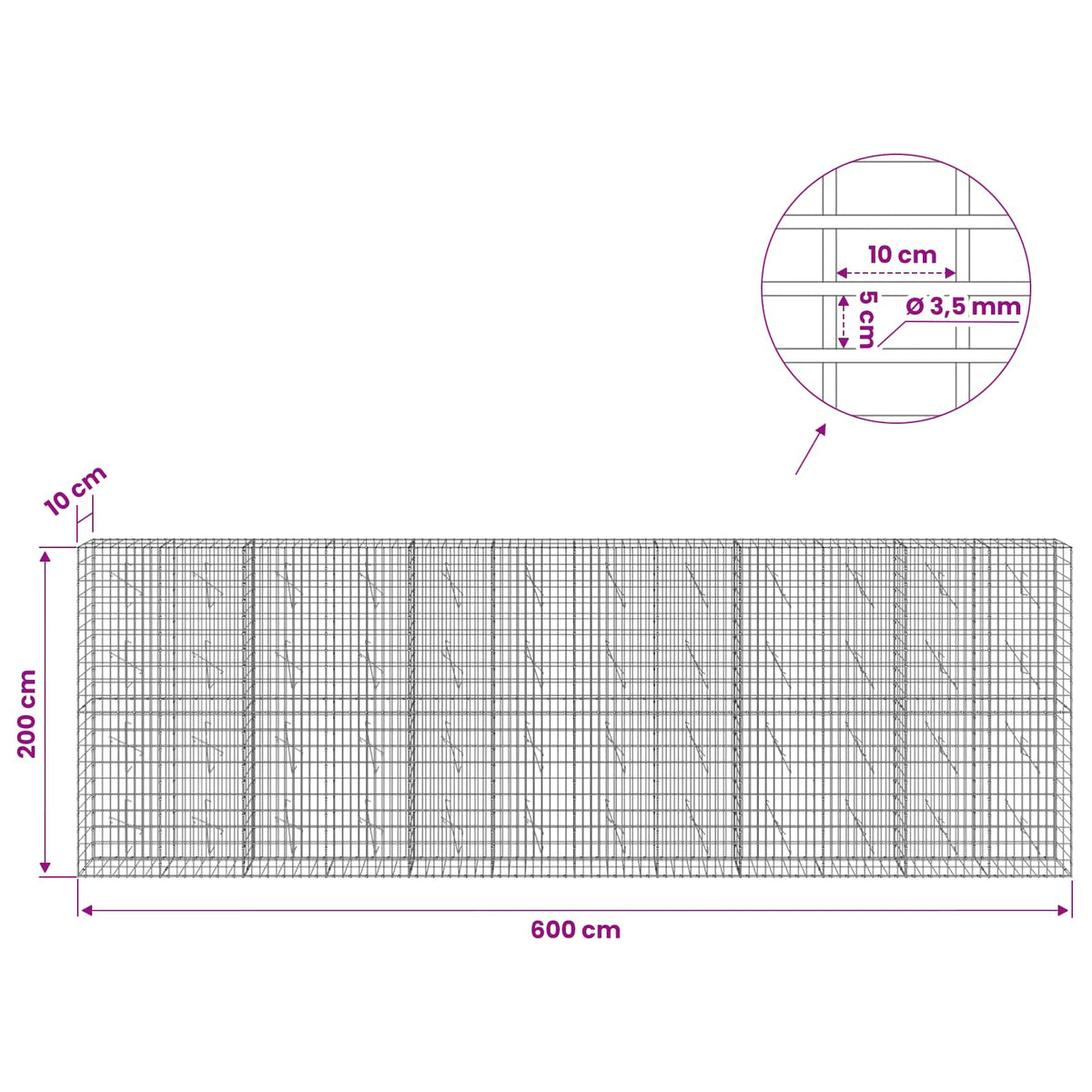 Gabionas su 3,5 mm viela ir 5x10 cm tinkleliu 600x10x200 cm