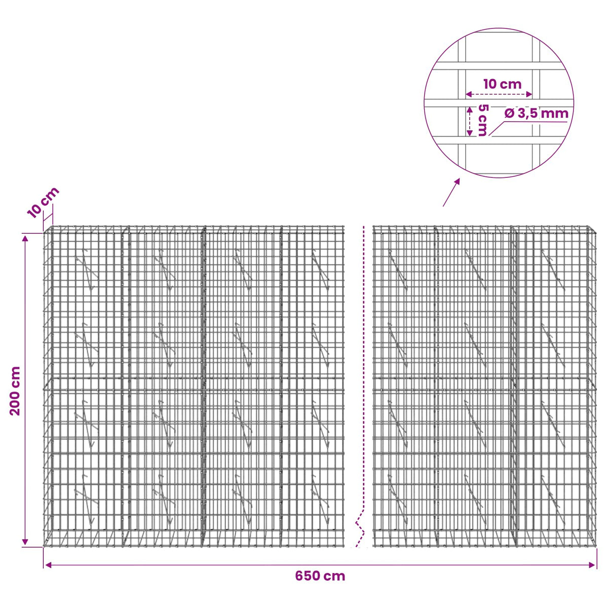 Gabionas su 3,5 mm viela ir 5x10 cm tinkleliu 650x10x200 cm