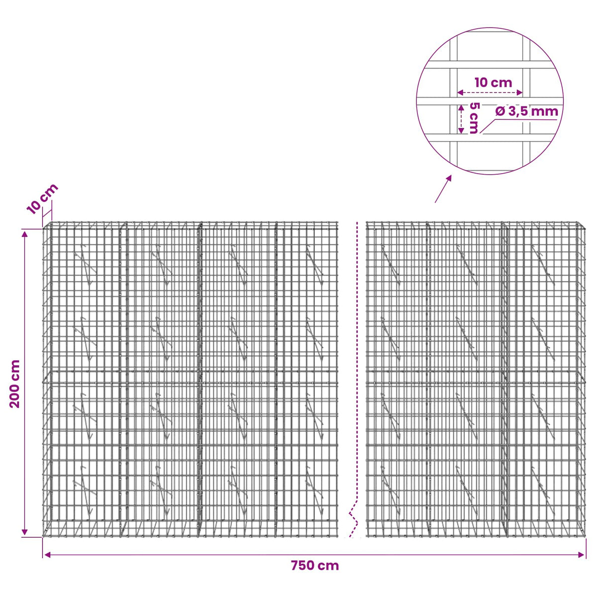 Gabionas su 3,5 mm viela ir 5x10 cm tinkleliu 750x10x200 cm