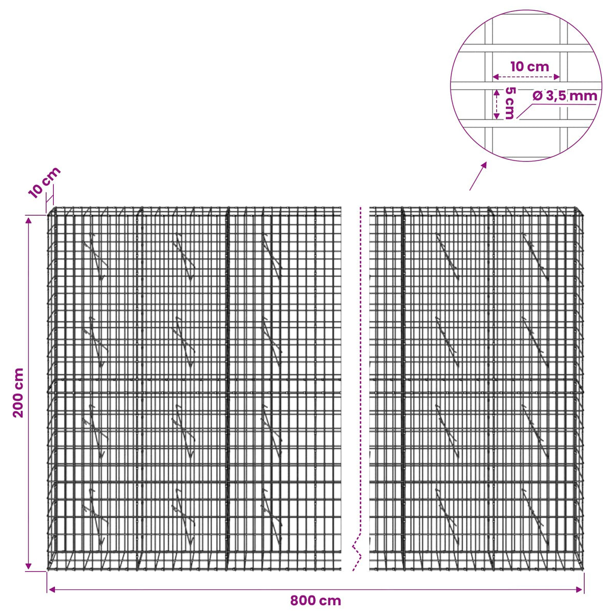 Gabionas su 3,5 mm viela ir 5x10 cm tinkleliu 800x10x200 cm