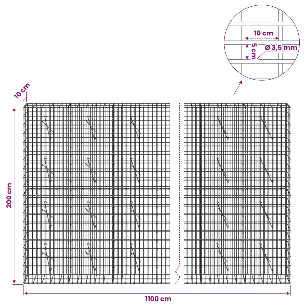 Gabionas su 3,5 mm viela ir 5x10 cm tinkleliu 1100x10x200 cm