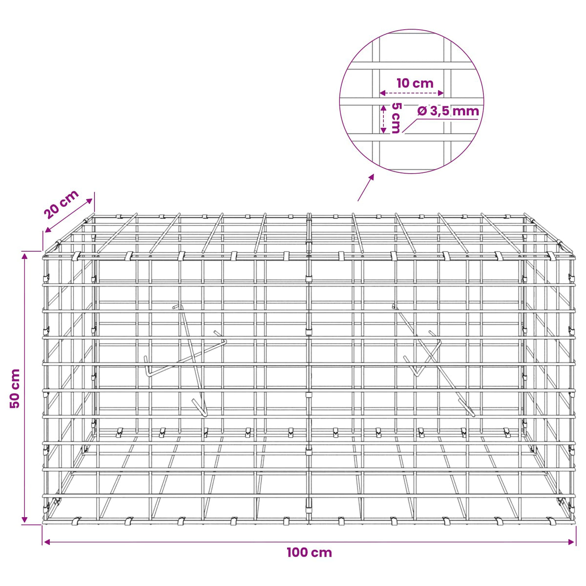 Gabionas su 3,5 mm viela ir 5x10 cm tinkleliu 100x20x50 cm
