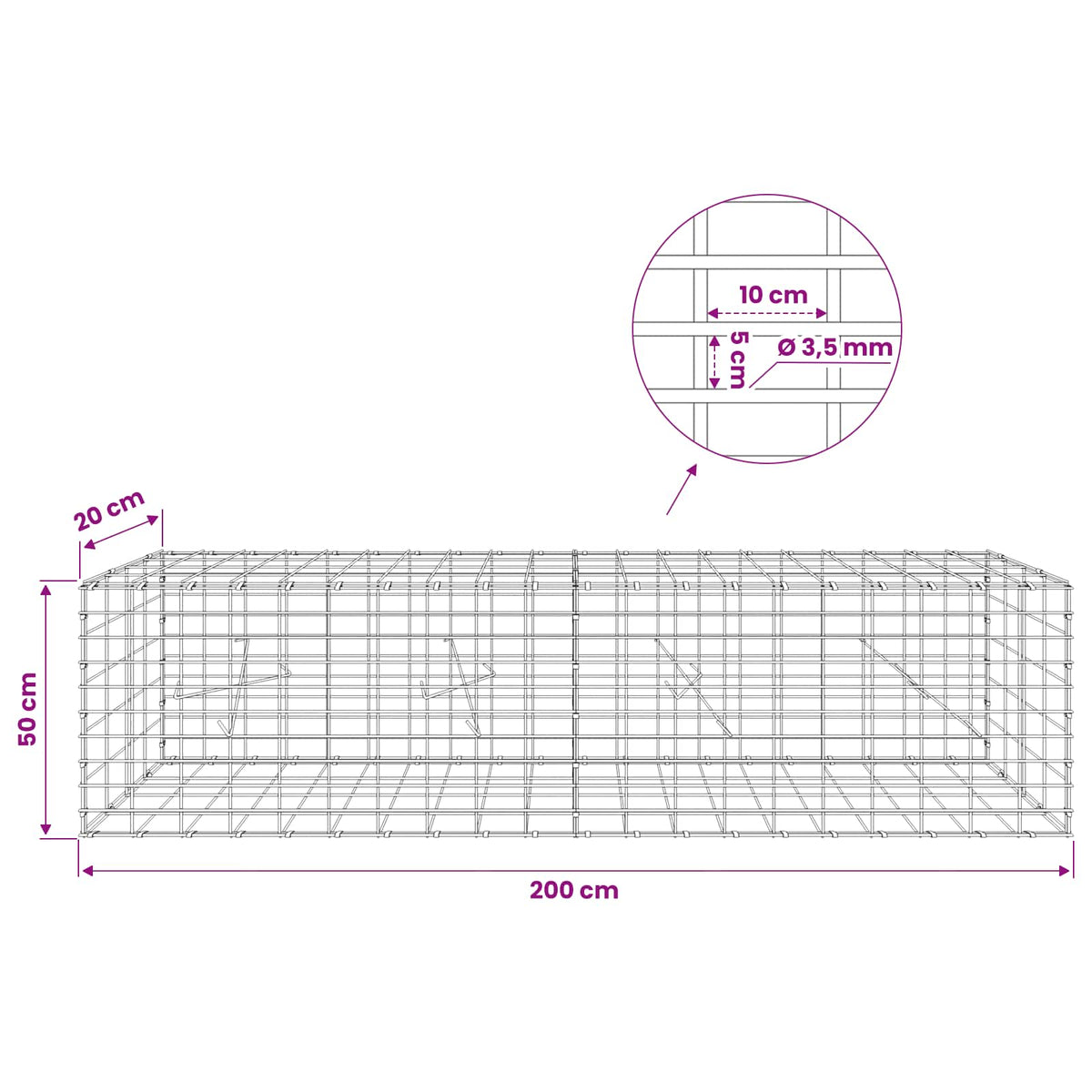 Gabionas su 3,5 mm viela ir 5x10 cm tinkleliu 200x20x50 cm
