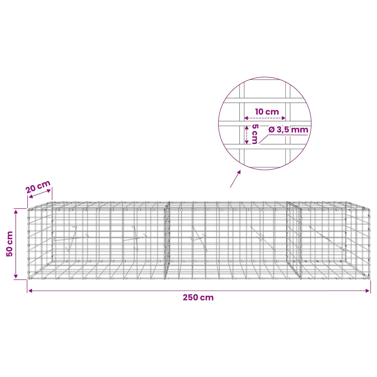 Gabionas su 3,5 mm viela ir 5x10 cm tinkleliu 250x20x50 cm