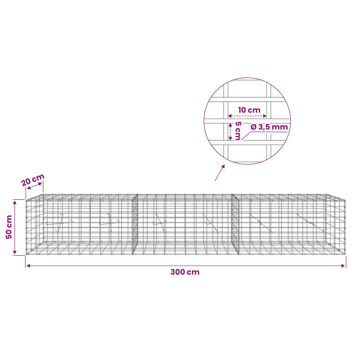 Gabionas su 3,5 mm viela ir 5x10 cm tinkleliu 300x20x50 cm