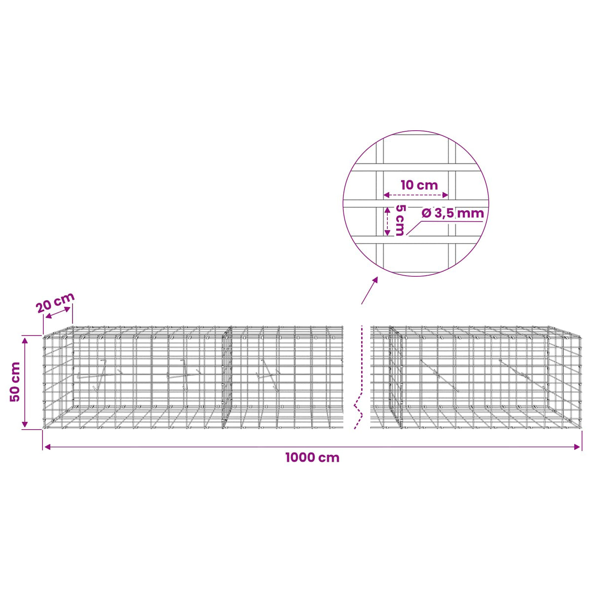 Gabionas su 3,5 mm viela ir 5x10 cm tinkleliu 1000x20x50 cm