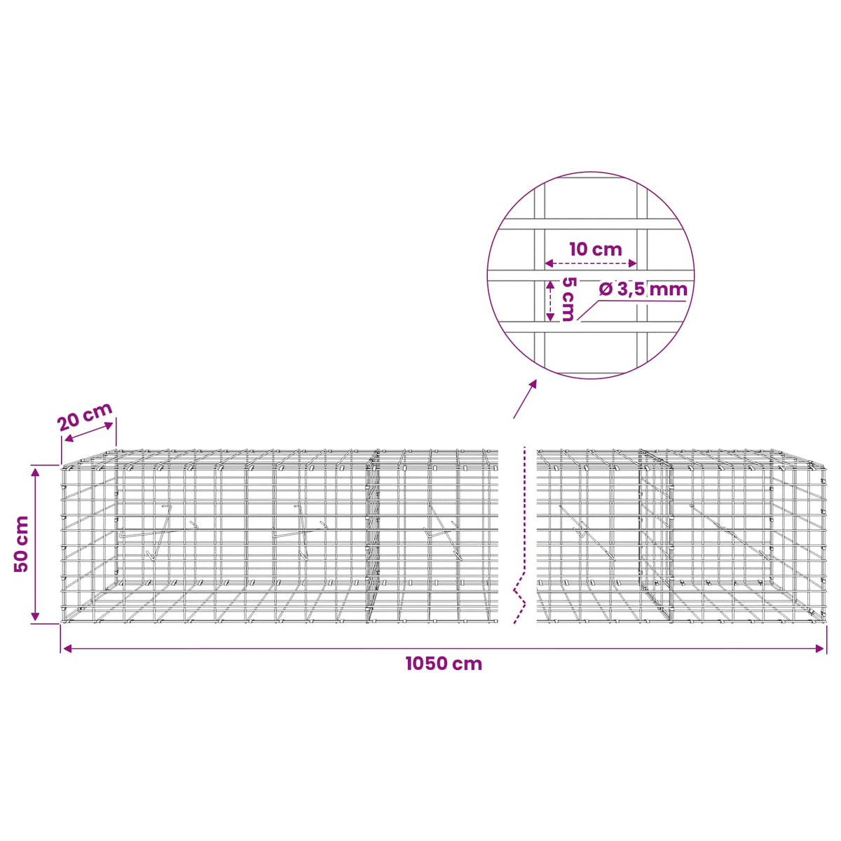Gabionas su 3,5 mm viela ir 5x10 cm tinkleliu 1050x20x50 cm