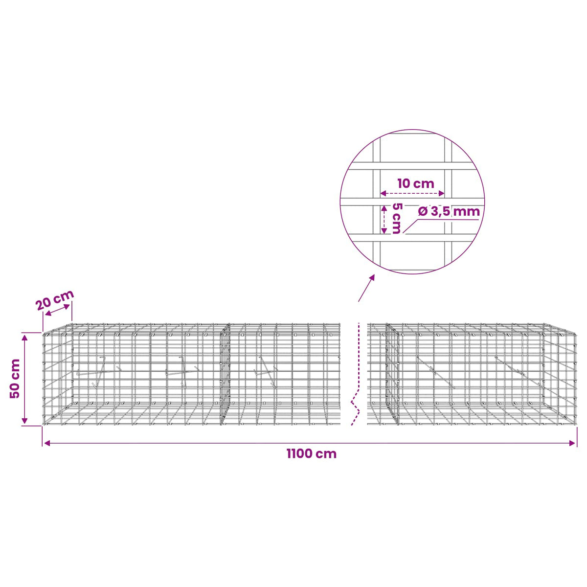 Gabionas su 3,5 mm viela ir 5x10 cm tinkleliu 1100x20x50 cm