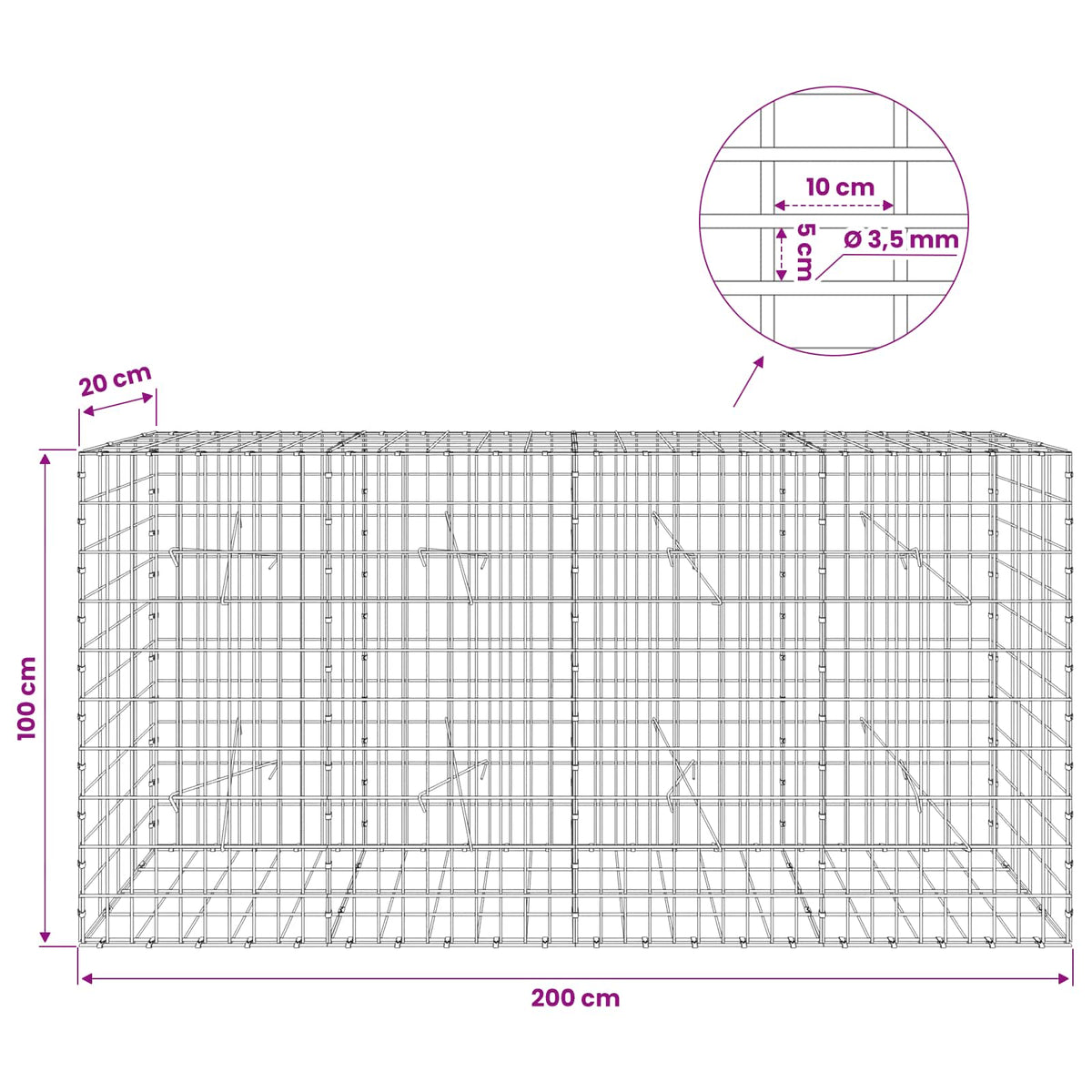 Gabionas su 3,5 mm viela ir 5x10 cm tinkleliu 200x20x100 cm