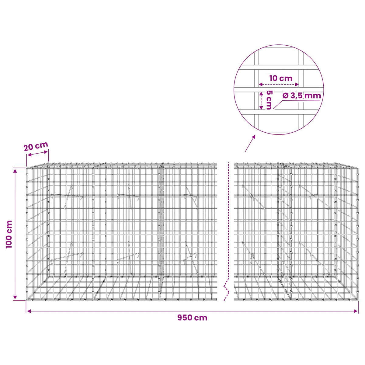 Gabionas su 3,5 mm viela ir 5x10 cm tinkleliu 950x20x100 cm