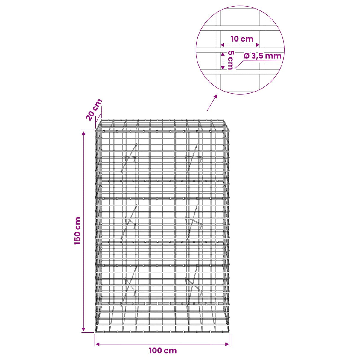 Gabionas su 3,5 mm viela ir 5x10 cm tinkleliu 100x20x150 cm