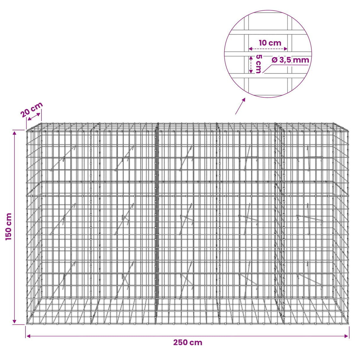 Gabionas su 3,5 mm viela ir 5x10 cm tinkleliu 250x20x150 cm