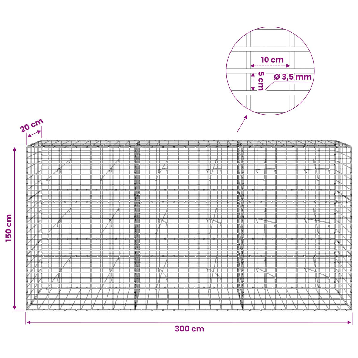 Gabionas su 3,5 mm viela ir 5x10 cm tinkleliu 300x20x150 cm