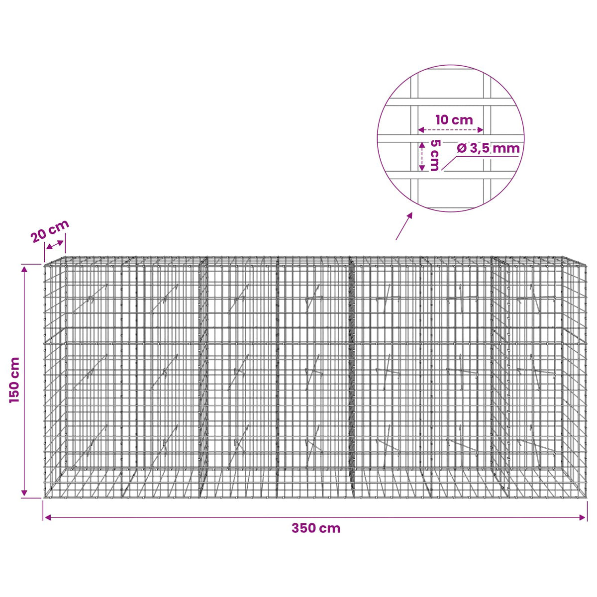 Gabionas su 3,5 mm viela ir 5x10 cm tinkleliu 350x20x150 cm