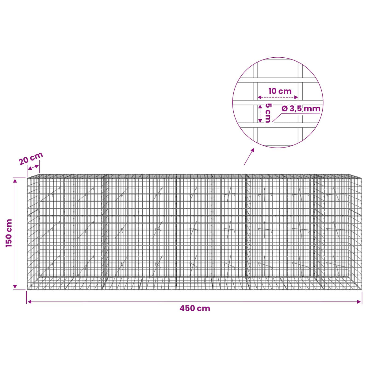 Gabionas su 3,5 mm viela ir 5x10 cm tinkleliu 450x20x150 cm