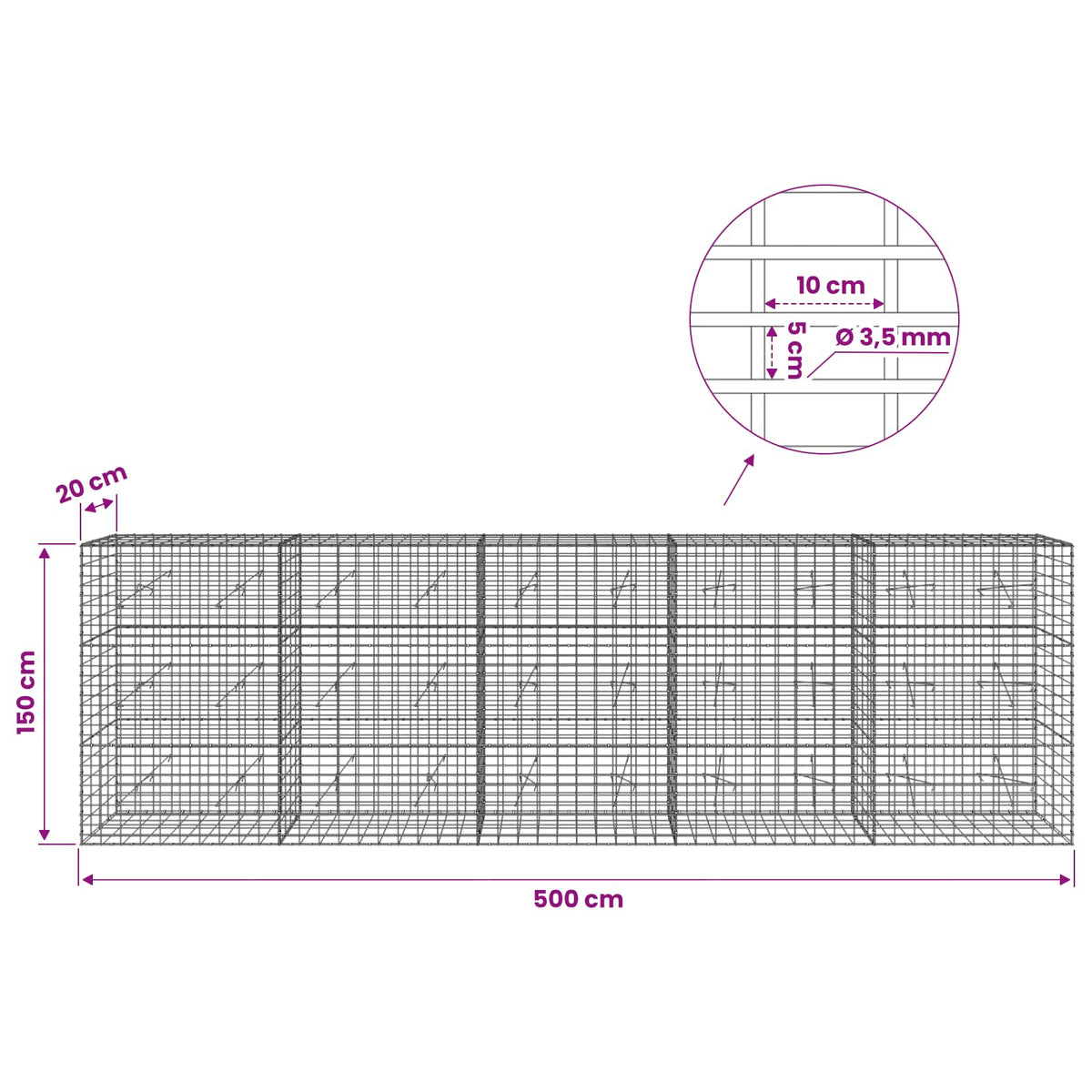 Gabionas su 3,5 mm viela ir 5x10 cm tinkleliu 500x20x150 cm