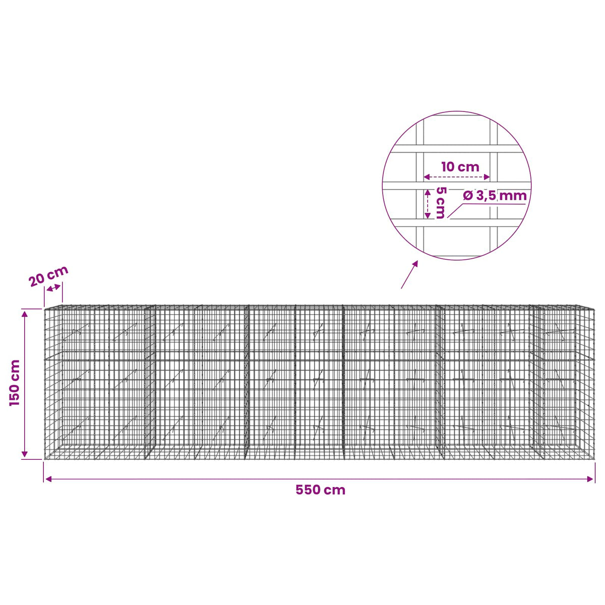 Gabionas su 3,5 mm viela ir 5x10 cm tinkleliu 550x20x150 cm
