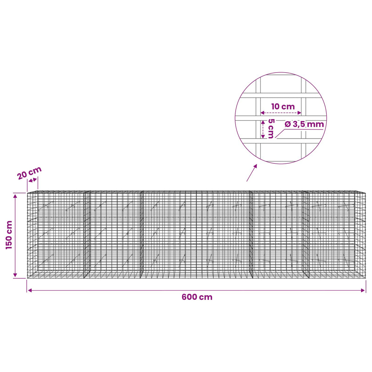 Gabionas su 3,5 mm viela ir 5x10 cm tinkleliu 600x20x150 cm