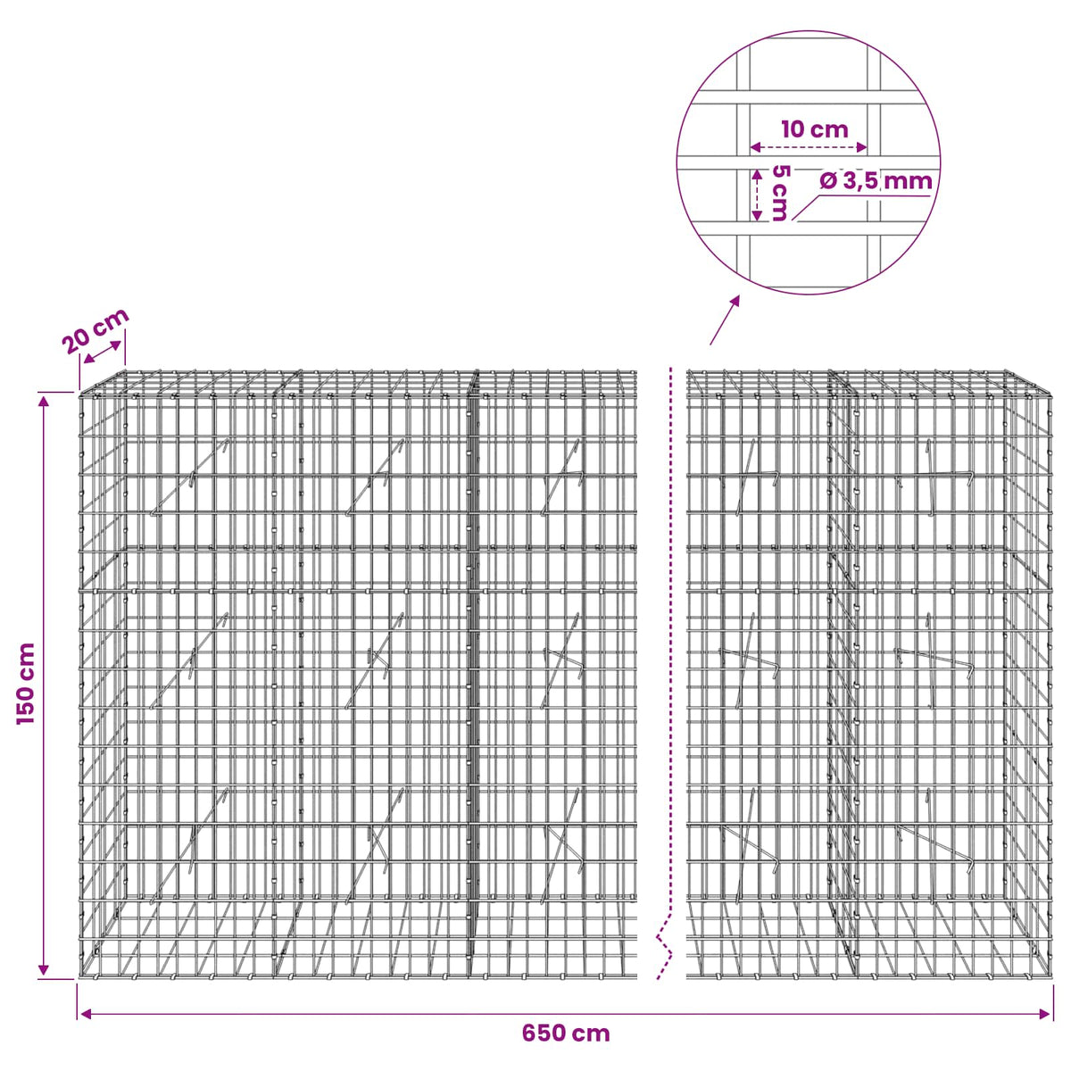 Gabionas su 3,5 mm viela ir 5x10 cm tinkleliu 650x20x150 cm