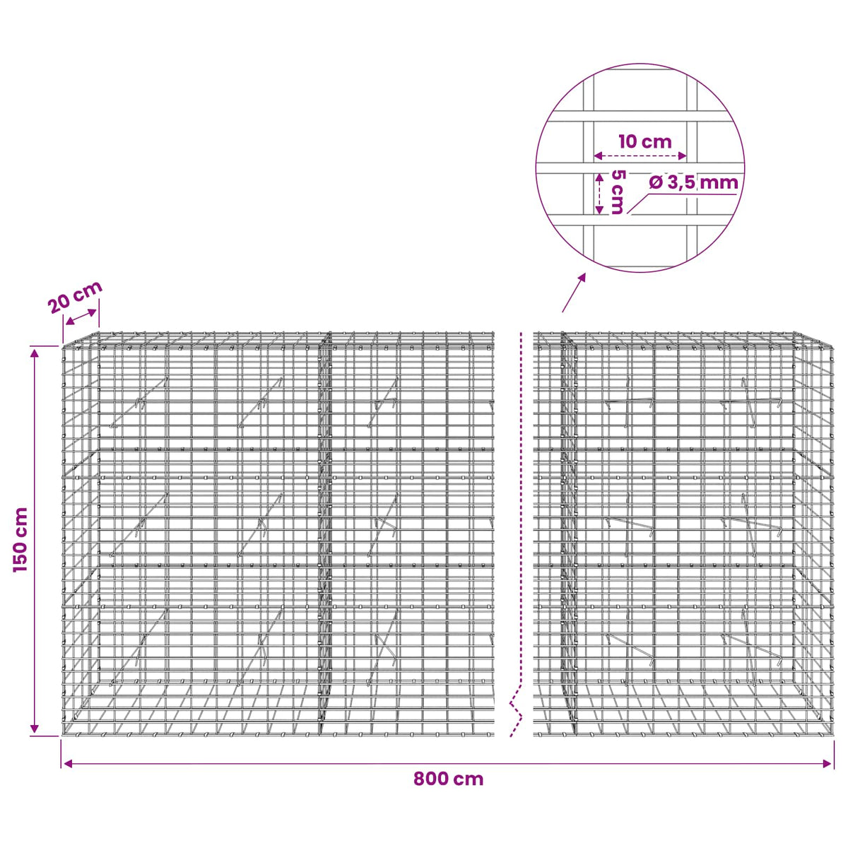 Gabionas su 3,5 mm viela ir 5x10 cm tinkleliu 800x20x150 cm