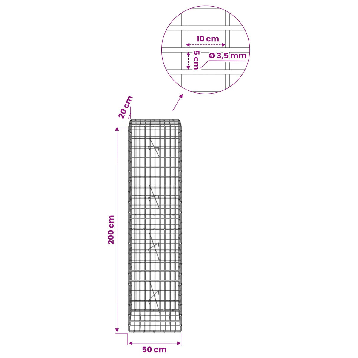 Gabionas su 3,5 mm viela ir 5x10 cm tinkleliu 50x20x200 cm
