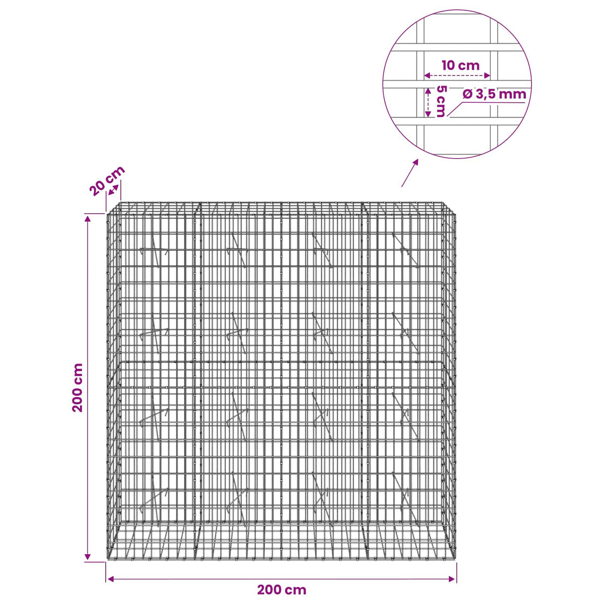 Gabionas su 3,5 mm viela ir 5x10 cm tinkleliu 200x20x200 cm