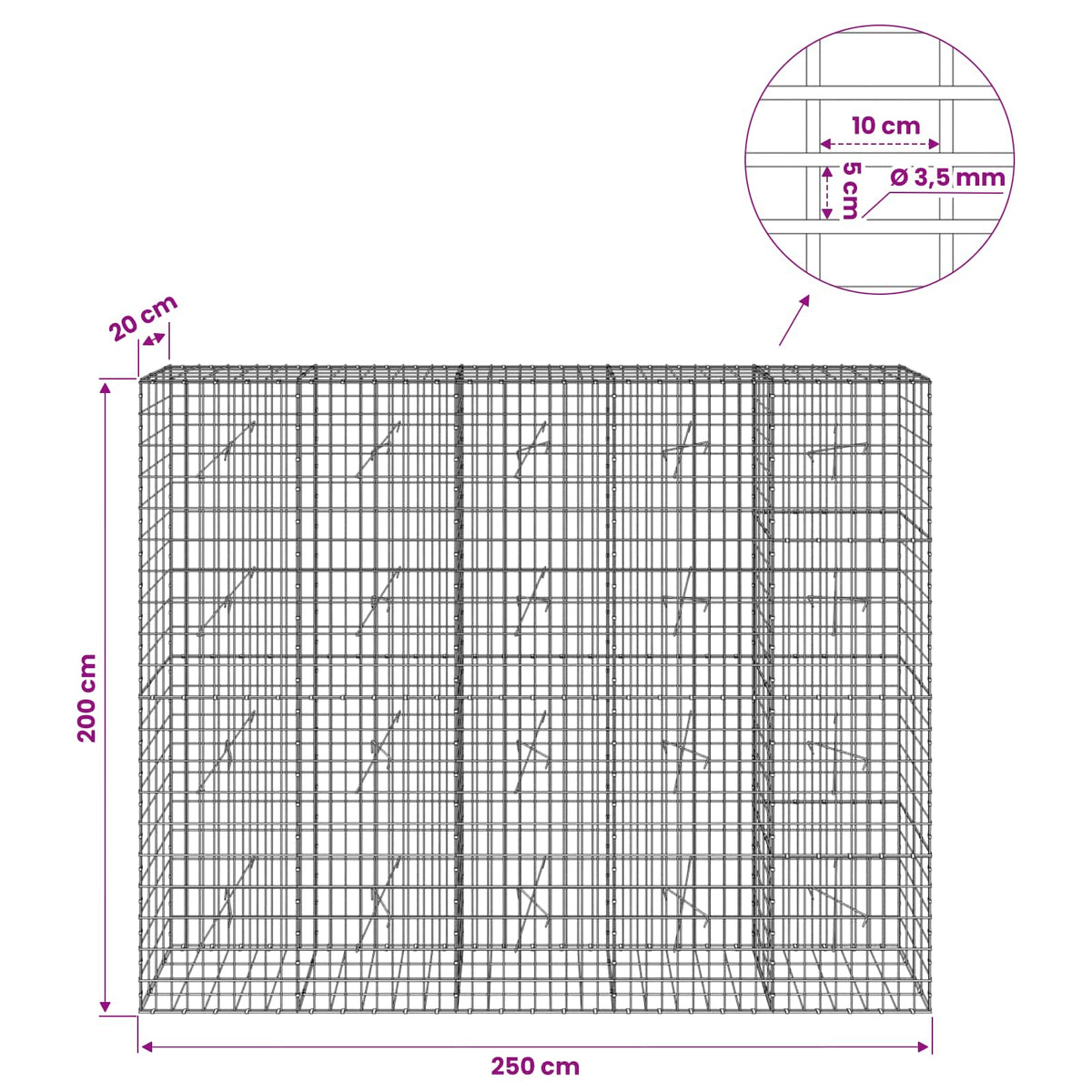 Gabionas su 3,5 mm viela ir 5x10 cm tinkleliu 250x20x200 cm