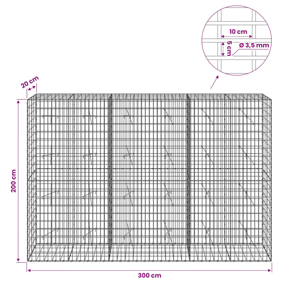 Gabionas su 3,5 mm viela ir 5x10 cm tinkleliu 300x20x200 cm