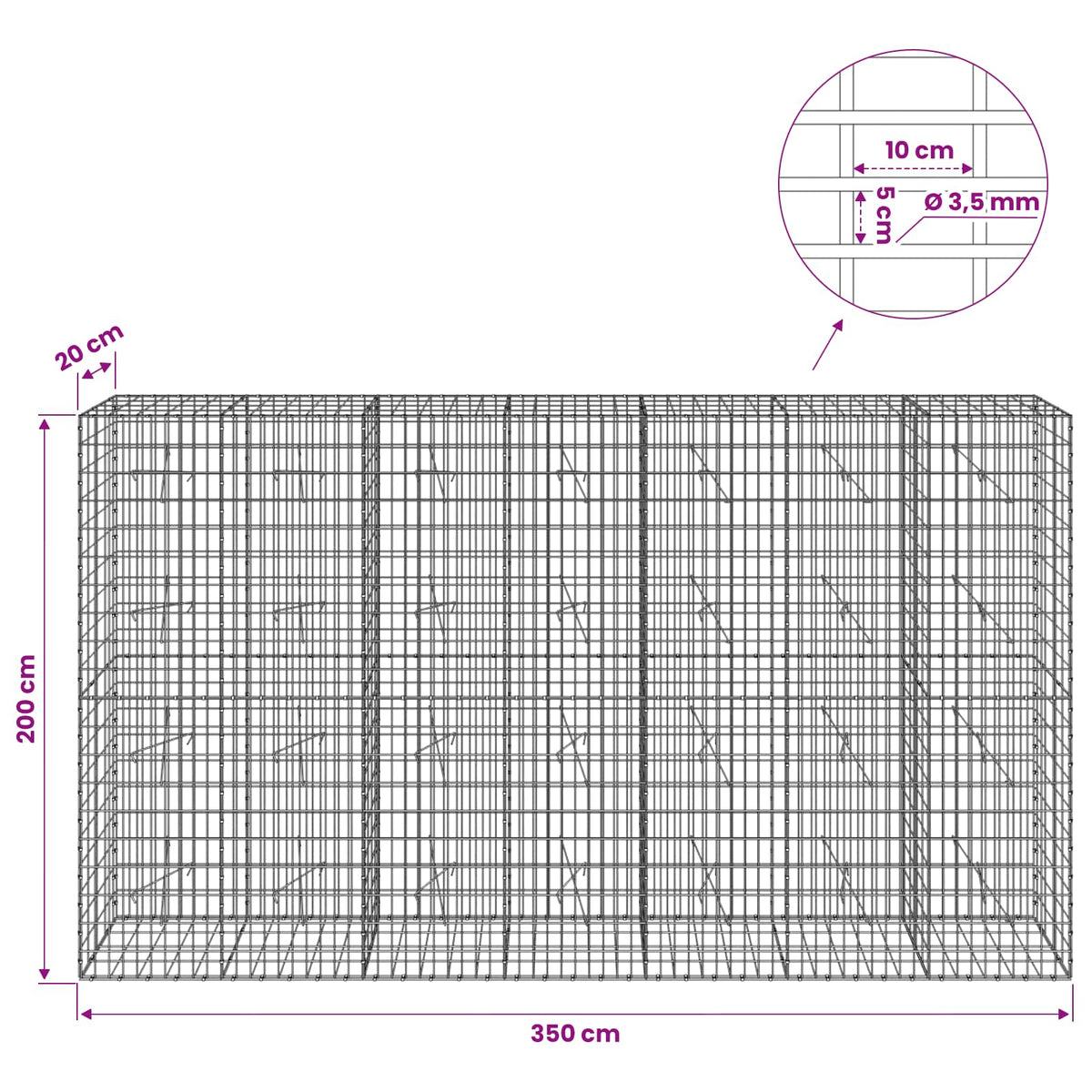 Gabionas su 3,5 mm viela ir 5x10 cm tinkleliu 350x20x200 cm