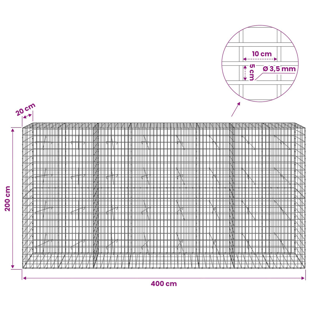Gabionas su 3,5 mm viela ir 5x10 cm tinkleliu 400x20x200 cm