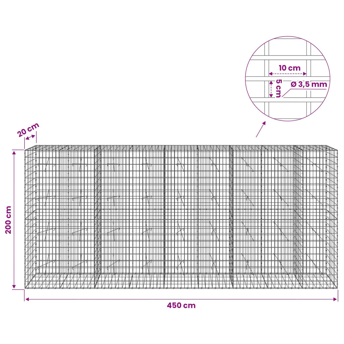 Gabionas su 3,5 mm viela ir 5x10 cm tinkleliu 450x20x200 cm