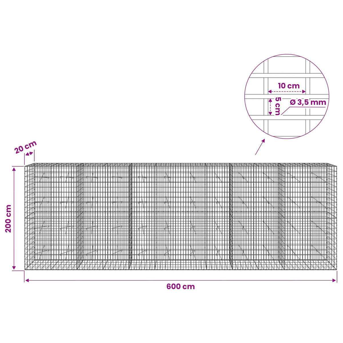 Gabionas su 3,5 mm viela ir 5x10 cm tinkleliu 600x20x200 cm