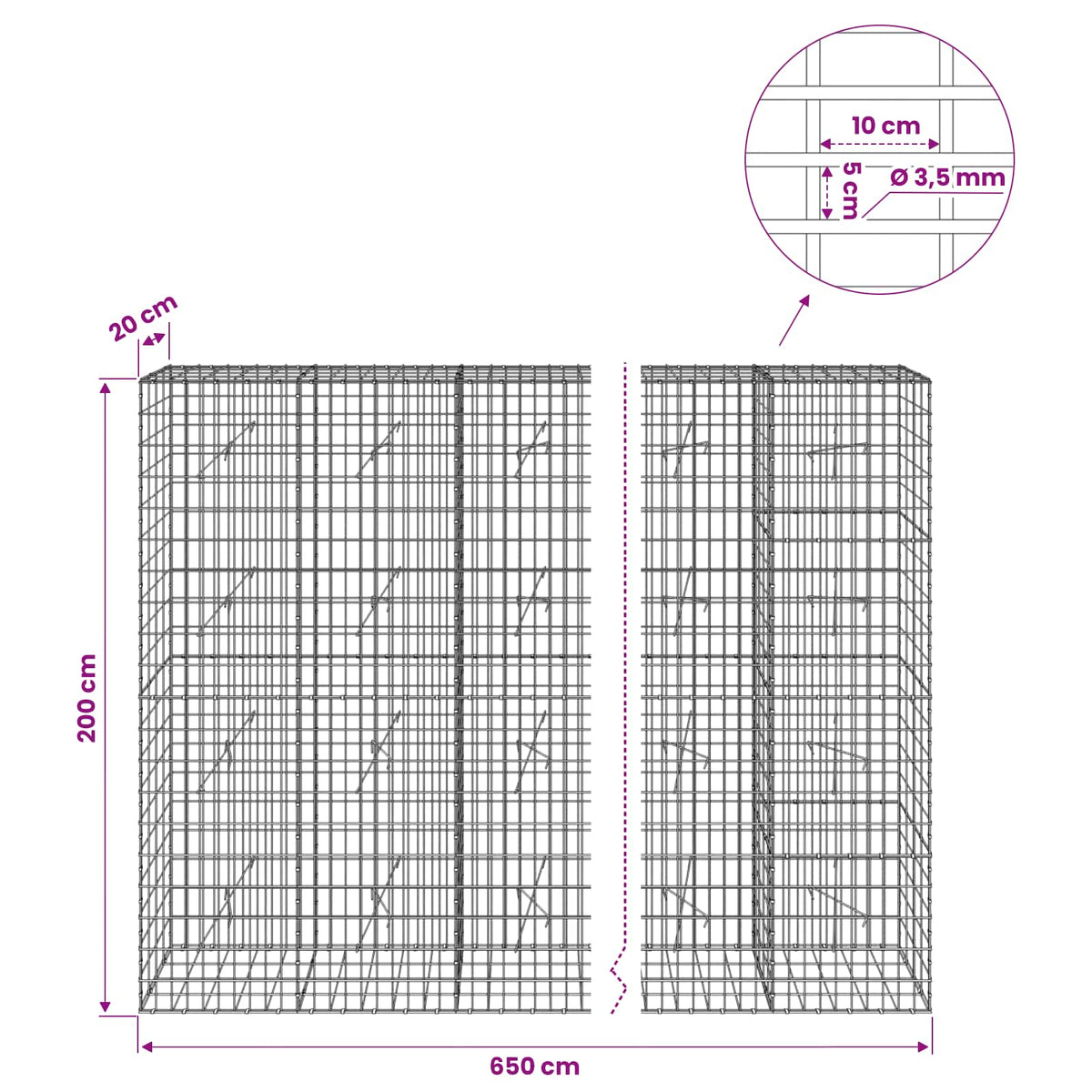 Gabionas su 3,5 mm viela ir 5x10 cm tinkleliu 650x20x200 cm