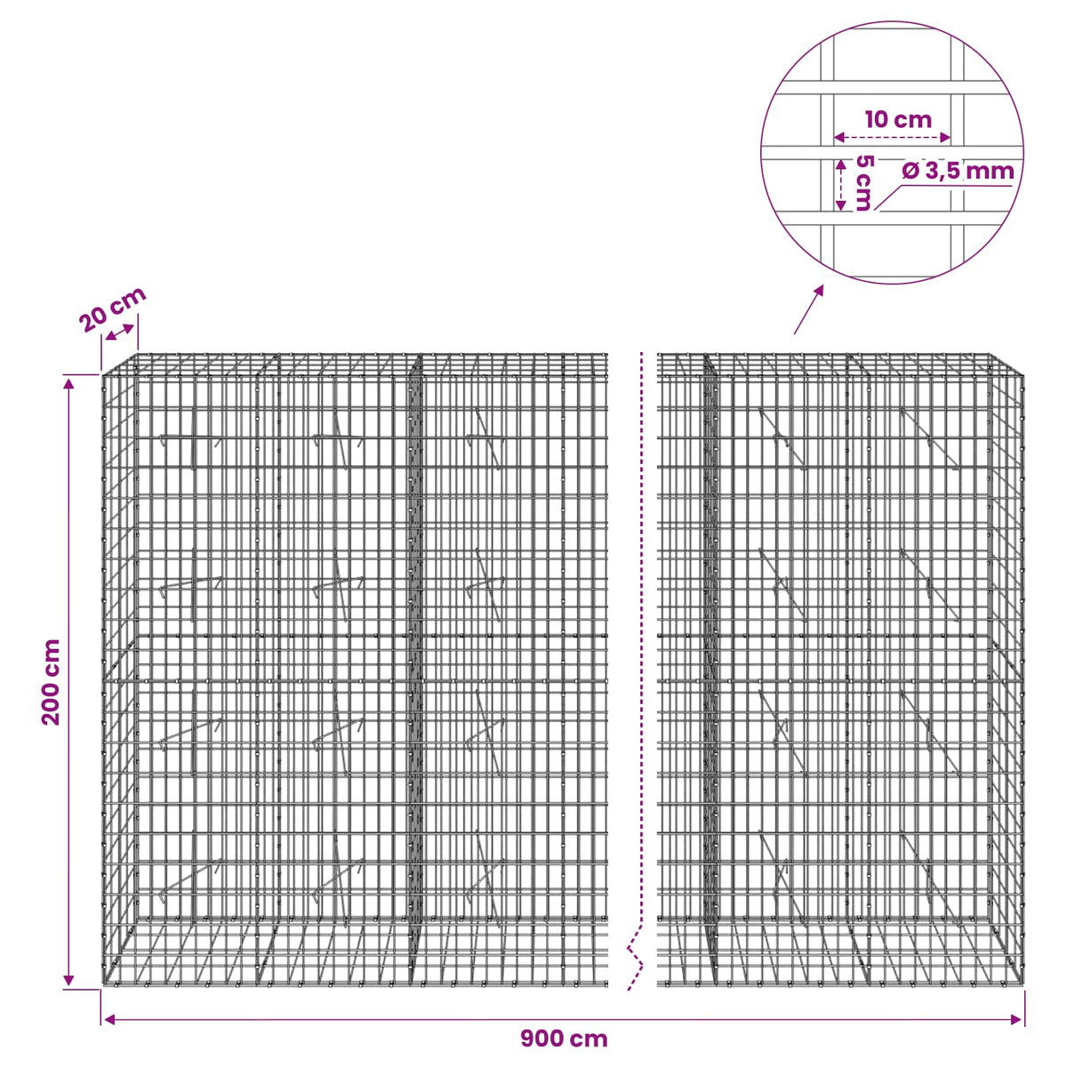 Gabionas su 3,5 mm viela ir 5x10 cm tinkleliu 900x20x200 cm
