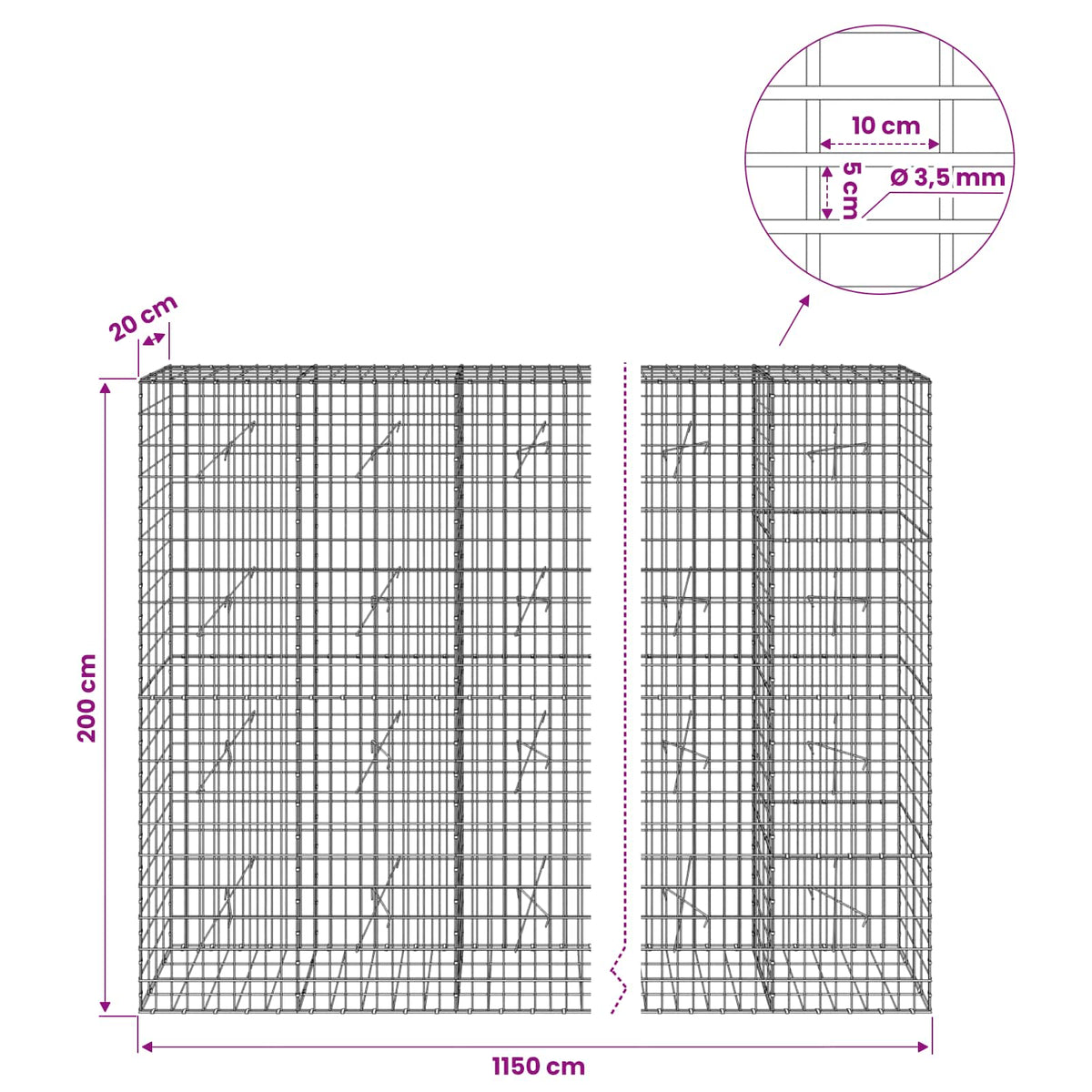 Gabionas su 3,5 mm viela ir 5x10 cm tinkleliu 1150x20x200 cm