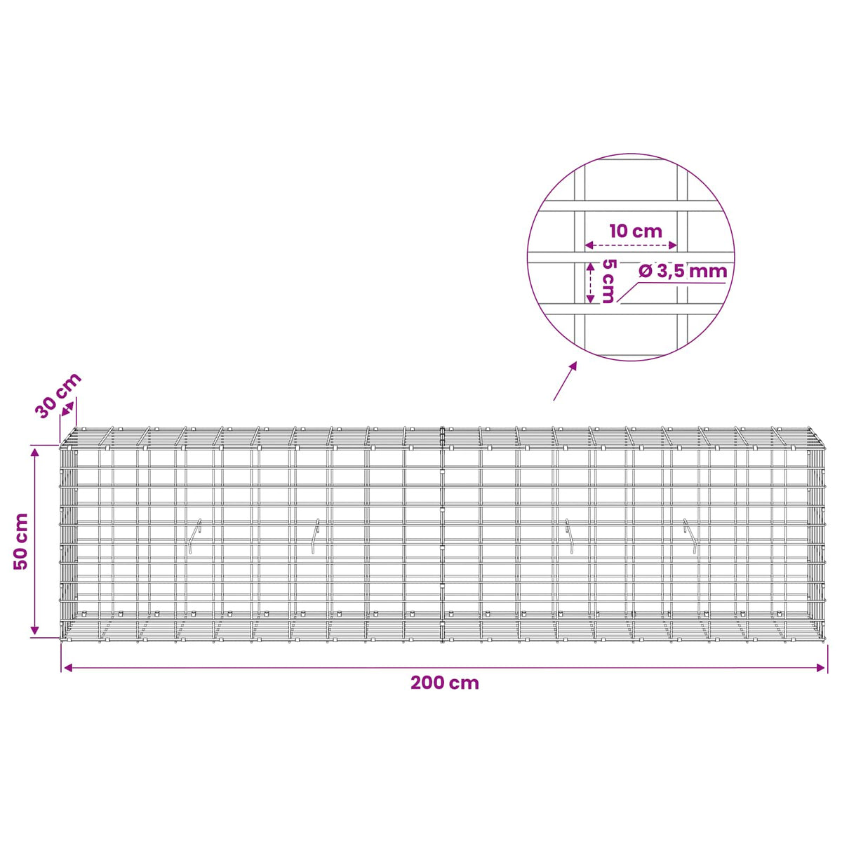 Gabionas su 3,5 mm viela ir 5x10 cm tinkleliu 200x30x50 cm