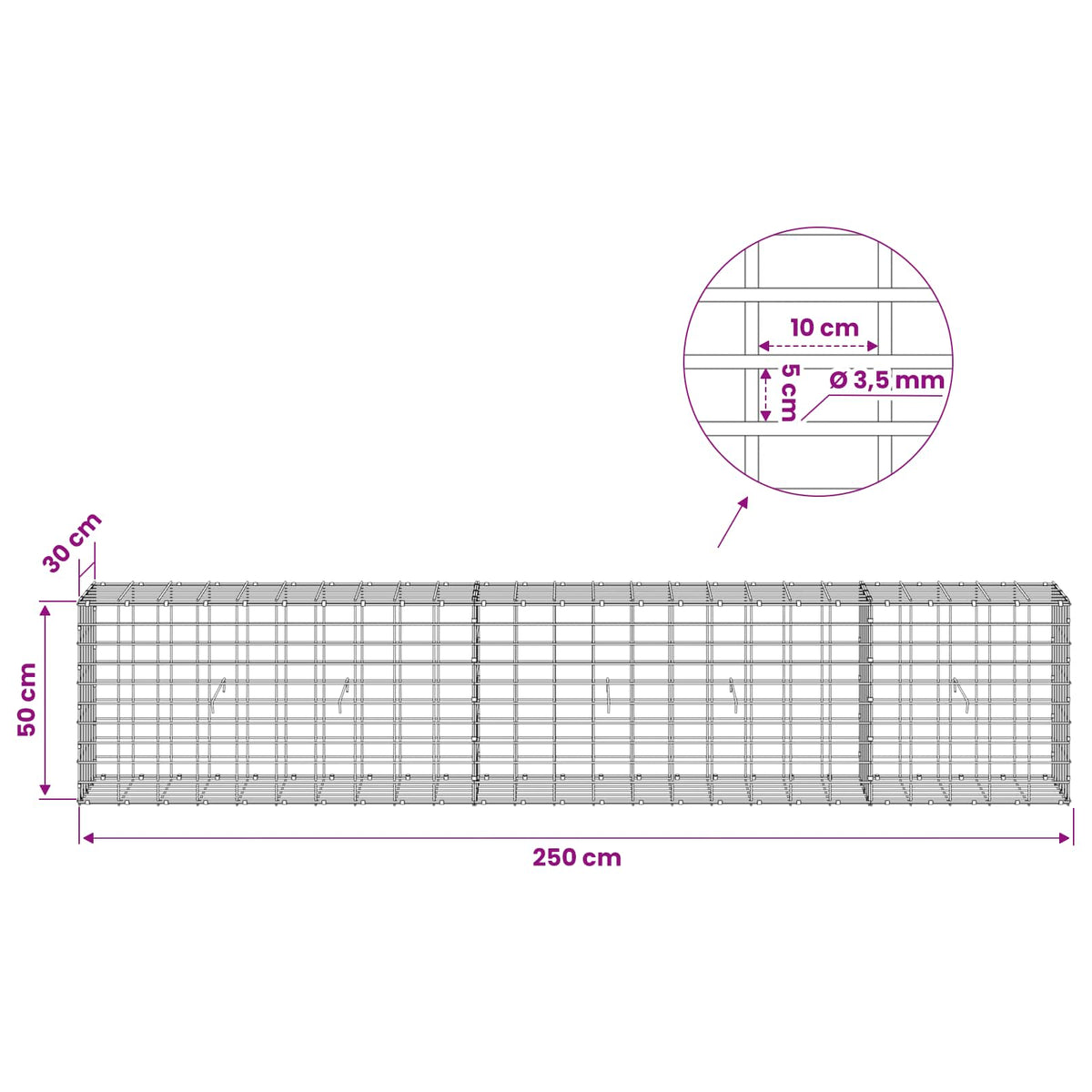Gabionas su 3,5 mm viela ir 5x10 cm tinkleliu 250x30x50 cm