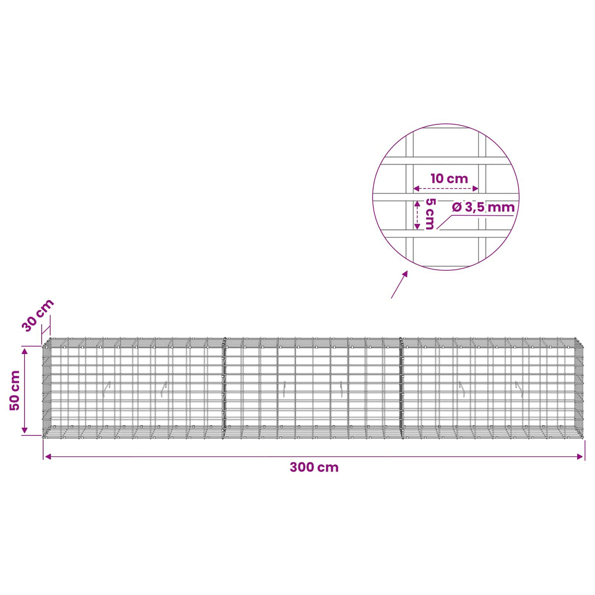 Gabionas su 3,5 mm viela ir 5x10 cm tinkleliu 300x30x50 cm
