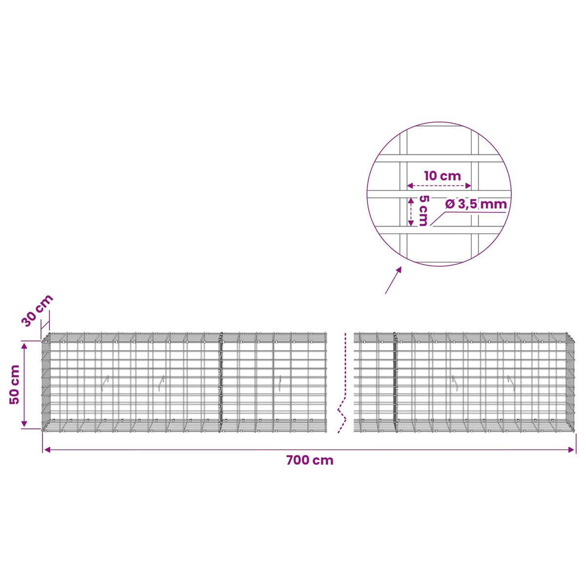 Gabionas su 3,5 mm viela ir 5x10 cm tinkleliu 700x30x50 cm