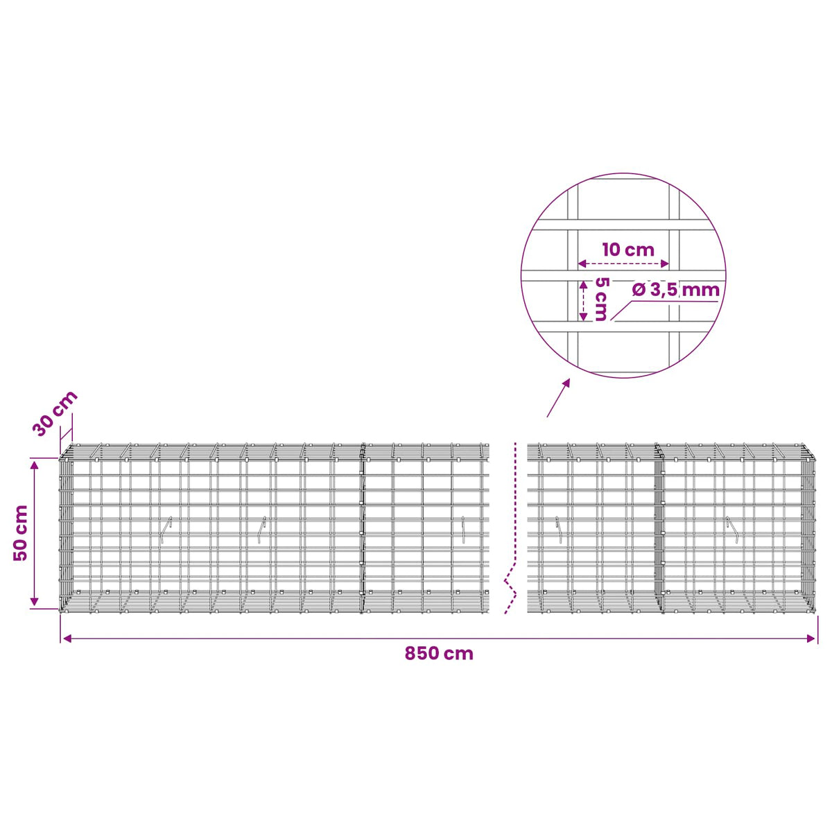 Gabionas su 3,5 mm viela ir 5x10 cm tinkleliu 850x30x50 cm