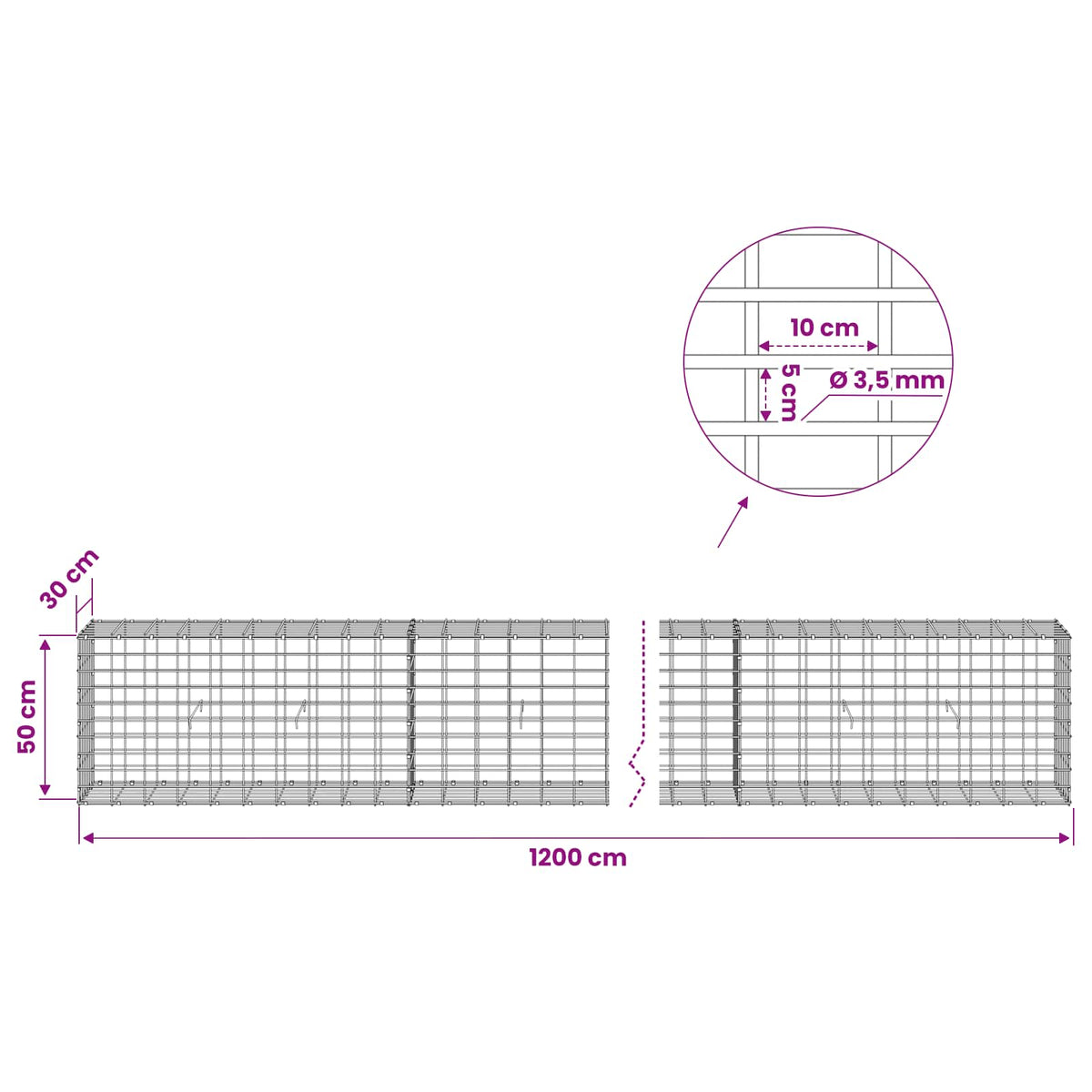 Gabionas su 3,5 mm viela ir 5x10 cm tinkleliu 1200x30x50 cm