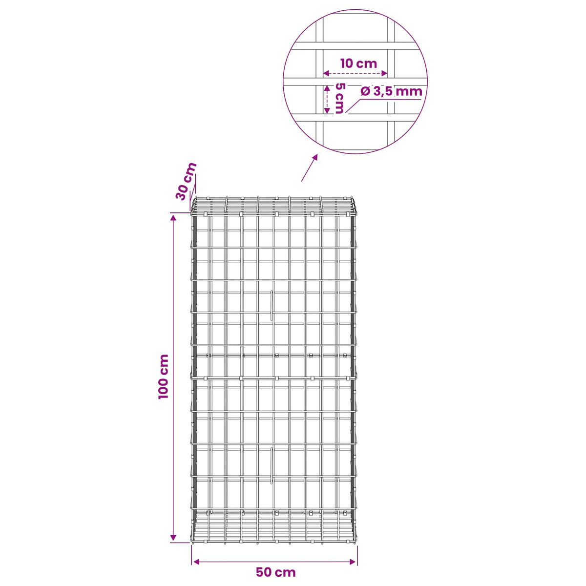 Gabionas su 3,5 mm viela ir 5x10 cm tinkleliu 50x30x100 cm