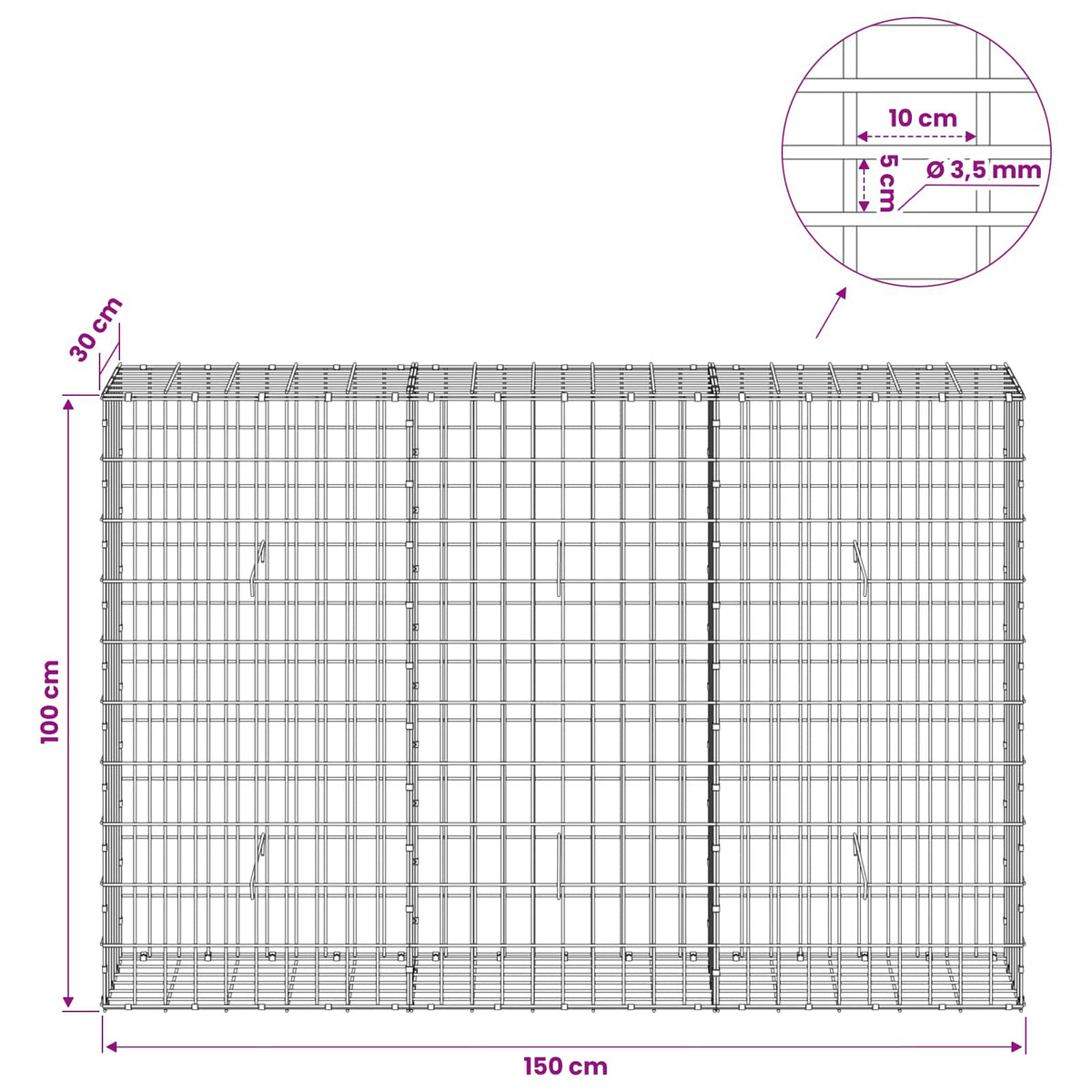 Gabionas su 3,5 mm viela ir 5x10 cm tinkleliu 150x30x100 cm