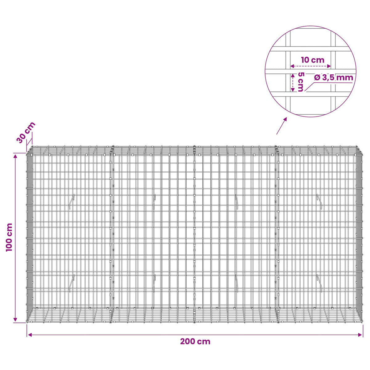 Gabionas su 3,5 mm viela ir 5x10 cm tinkleliu 200x30x100 cm